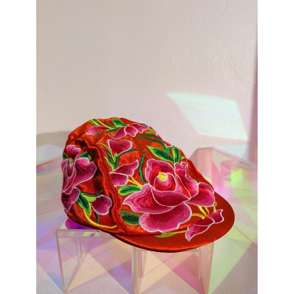 Vintage Red Satin Floral Embroidered Short Brim Cap Pink Peony Statement Hat